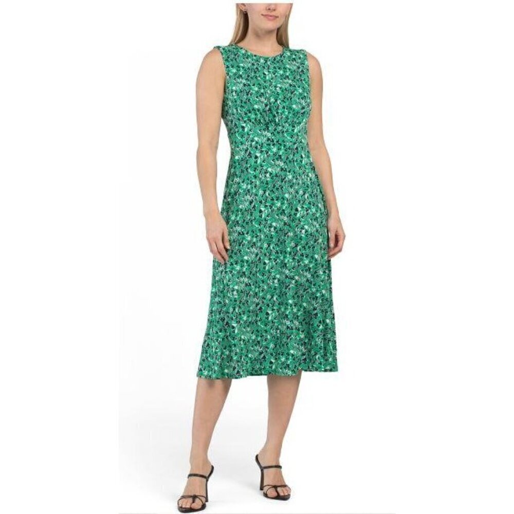 London Times Womens Green Ivory Print Sleeveless Midi Dress Sz 14 New